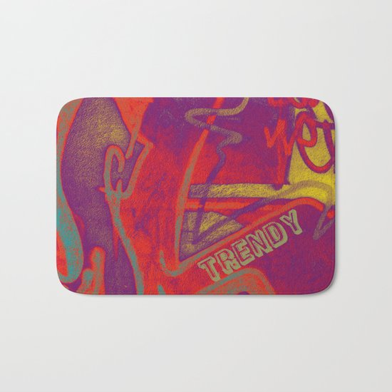 Cool TRENDY script graffiti style print in bold mauve purple, orange tangerine, yellow, teal and red Bath Mat