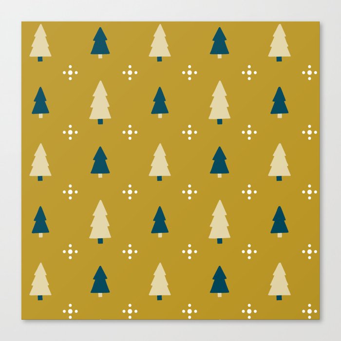 Christmas Pattern Yellow Blue Retro Tree Canvas Print