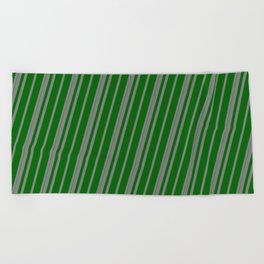 [ Thumbnail: Gray and Dark Green Colored Lined Pattern Beach Towel ]