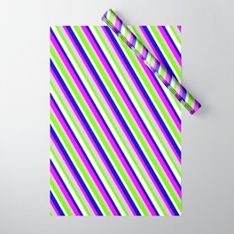 [ Thumbnail: Eyecatching Blue, Fuchsia, Light Gray, Green, and White Colored Lined Pattern Wrapping Paper ]