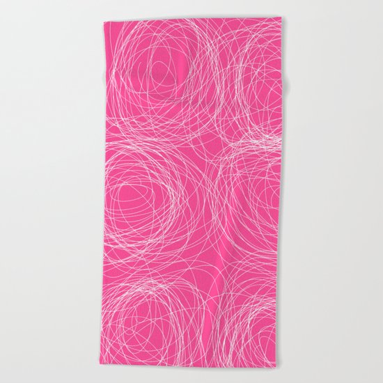 Abstract white circles and dots - abstract pattern - on pink Beach Towel