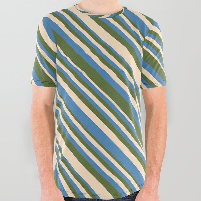 Bisque, Blue, and Dark Olive Green Colored Lines/Stripes Pattern All Over Graphic Tee