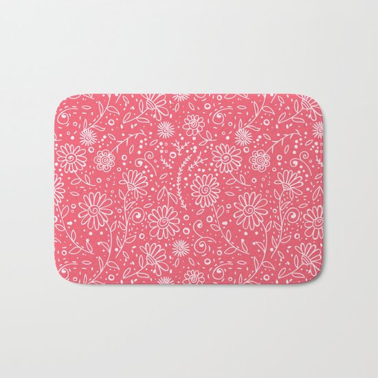 Red doodle floral pattern Bath Mat