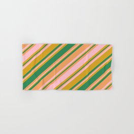 [ Thumbnail: Goldenrod, Sea Green, Brown, and Pink Colored Striped/Lined Pattern Hand & Bath Towel ]
