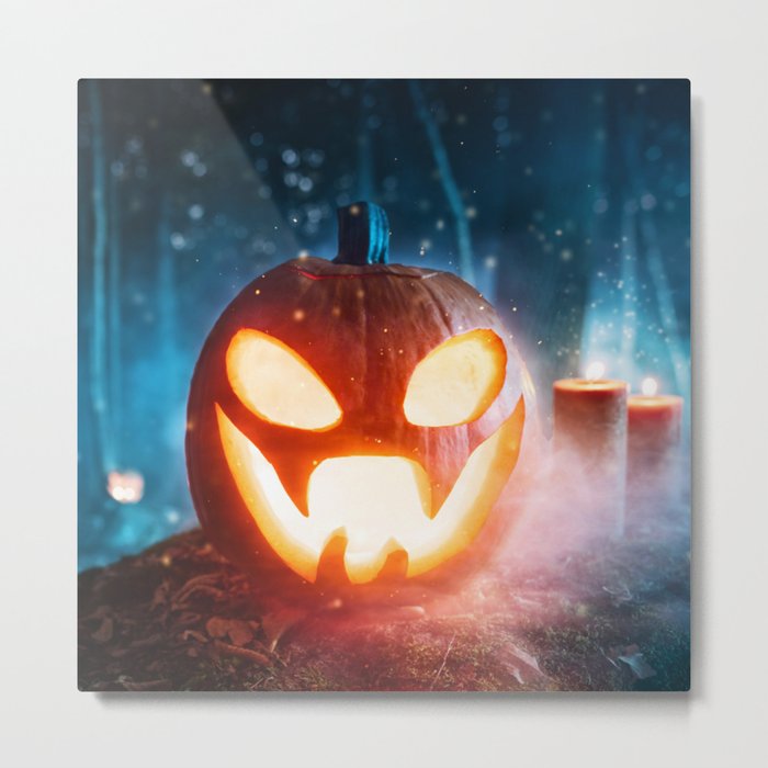Spooky Halloween Pumpkins in Forest Metal Print