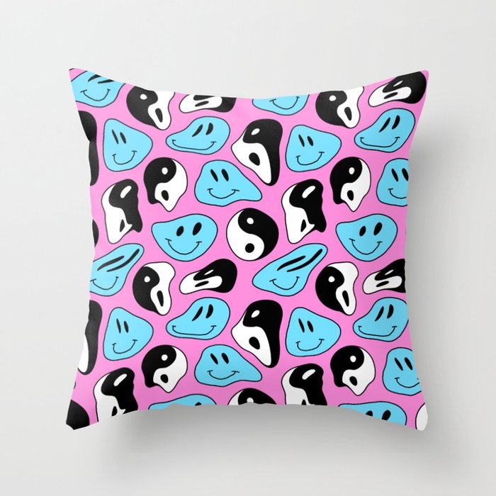 Funny melting smile happy face colorful cartoon seamless pattern Throw Pillow