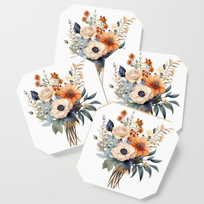 Floral Botanical Bouquet of Flowers in shades of Terracotta Beige White and Blue with Greenery Coaster