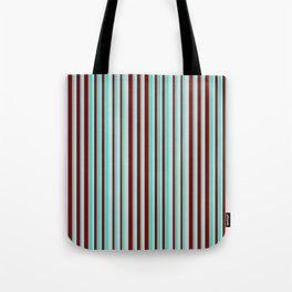 [ Thumbnail: Turquoise, Dark Red, and Light Grey Colored Pattern of Stripes Tote Bag ]