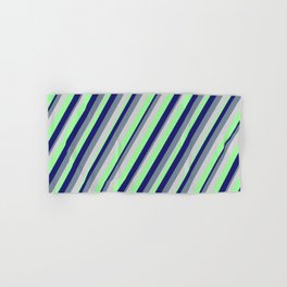 [ Thumbnail: Light Grey, Green, Midnight Blue, and Light Slate Gray Colored Stripes/Lines Pattern Hand & Bath Towel ]