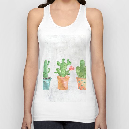 Three Green Cacti Watercolor White Unisex Tank Top