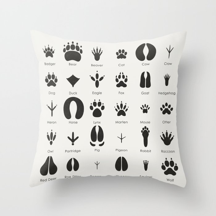 Animal Tracks Identification Chart or Guide Throw Pillow