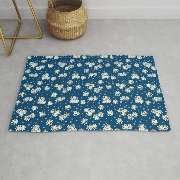 Daisies and Dots - Dark Blue, Light Blue and Cream Rug