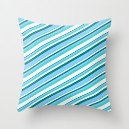[ Thumbnail: Teal, Light Sky Blue, Turquoise & Mint Cream Colored Striped Pattern Throw Pillow ]
