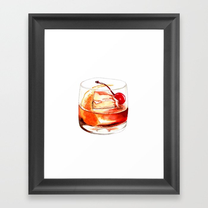 Cocktails. Old Fashioned. Watercolor Painting. Framed Art Print