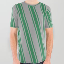 [ Thumbnail: Dark Gray and Sea Green Colored Stripes/Lines Pattern All Over Graphic Tee ]