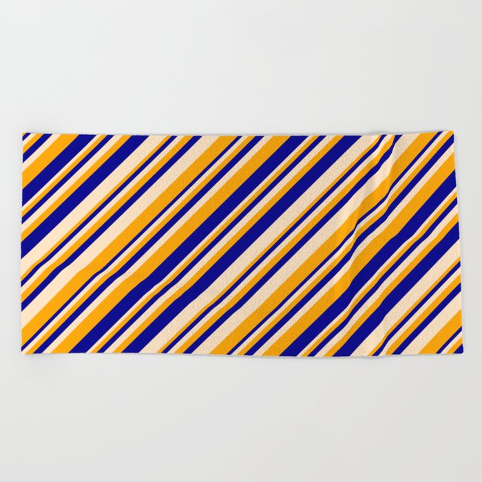 Bisque, Orange, and Dark Blue Colored Stripes/Lines Pattern Beach Towel