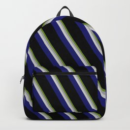 [ Thumbnail: Vibrant Green, Dark Gray, Light Grey, Midnight Blue, and Black Colored Pattern of Stripes Backpack ]
