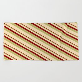 [ Thumbnail: Dark Red, Dark Khaki & Tan Colored Stripes Pattern Beach Towel ]