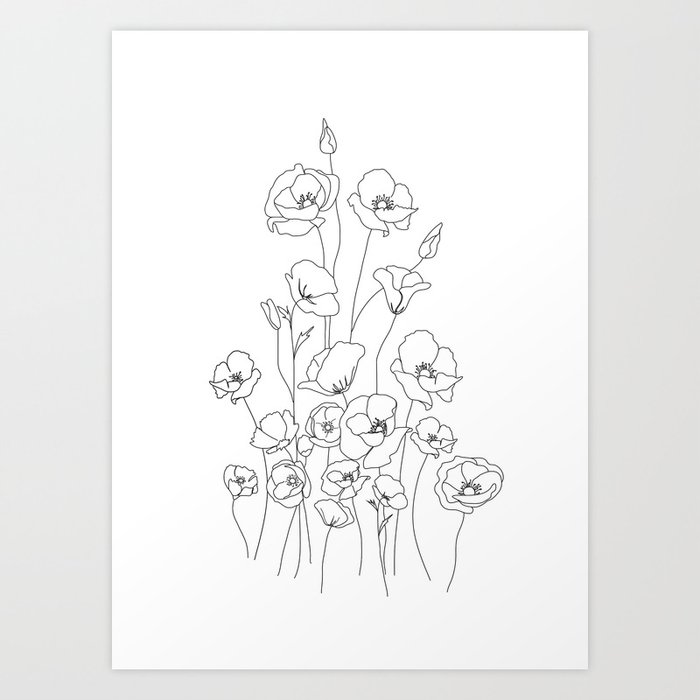 Poppy Flowers Line Art Art Print