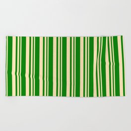 [ Thumbnail: Beige and Green Colored Lined/Striped Pattern Beach Towel ]