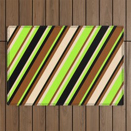 [ Thumbnail: Brown, Bisque, Light Green, and Black Colored Striped Pattern Outdoor Rug ]