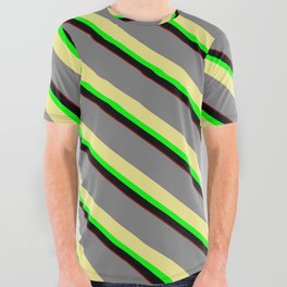 [ Thumbnail: Colorful Gray, Tan, Lime, Black & Maroon Colored Stripes/Lines Pattern All Over Graphic Tee ]