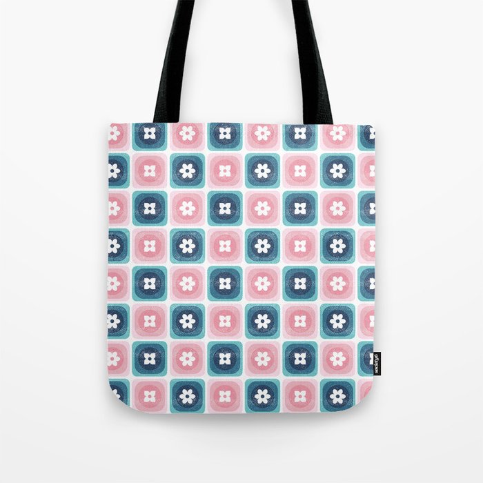 Pink Blue Retro 70s Distressed Checkered Flowers Tote Bag