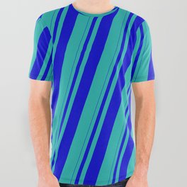 [ Thumbnail: Blue and Light Sea Green Colored Striped Pattern All Over Graphic Tee ]