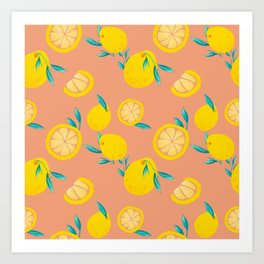 Lemons with coral background Art Print