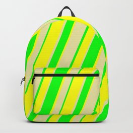 [ Thumbnail: Lime, Yellow, and Pale Goldenrod Colored Striped Pattern Backpack ]