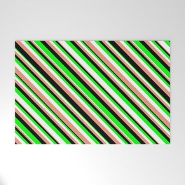 [ Thumbnail: Lime, White, Dark Salmon, and Black Colored Pattern of Stripes Welcome Mat ]
