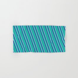 [ Thumbnail: Light Sea Green, Turquoise, and Dark Blue Colored Stripes/Lines Pattern Hand & Bath Towel ]
