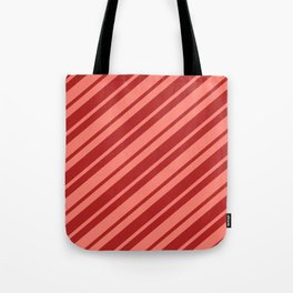 [ Thumbnail: Red and Salmon Colored Lines/Stripes Pattern Tote Bag ]