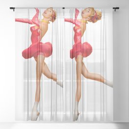 Dancer Pin Up With Red Skirt in Ice Skates Sheer Curtain