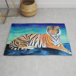 Tiger in the Stars Watercolor Rug | Realism, Texture, Orange, Watercolor, Blue, Green, Galaxy, Universe, Yellow, Rit 