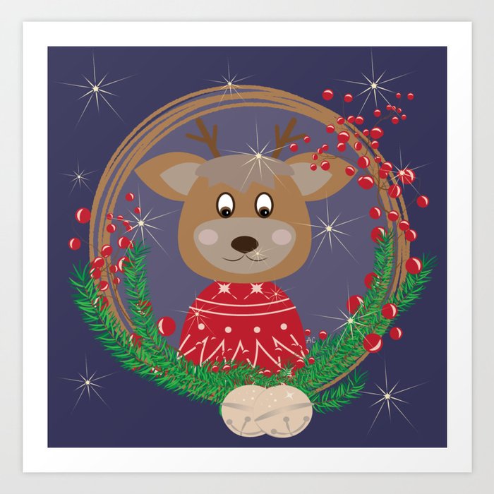 Reindeer in Sweater Christmas Portrait Art Print