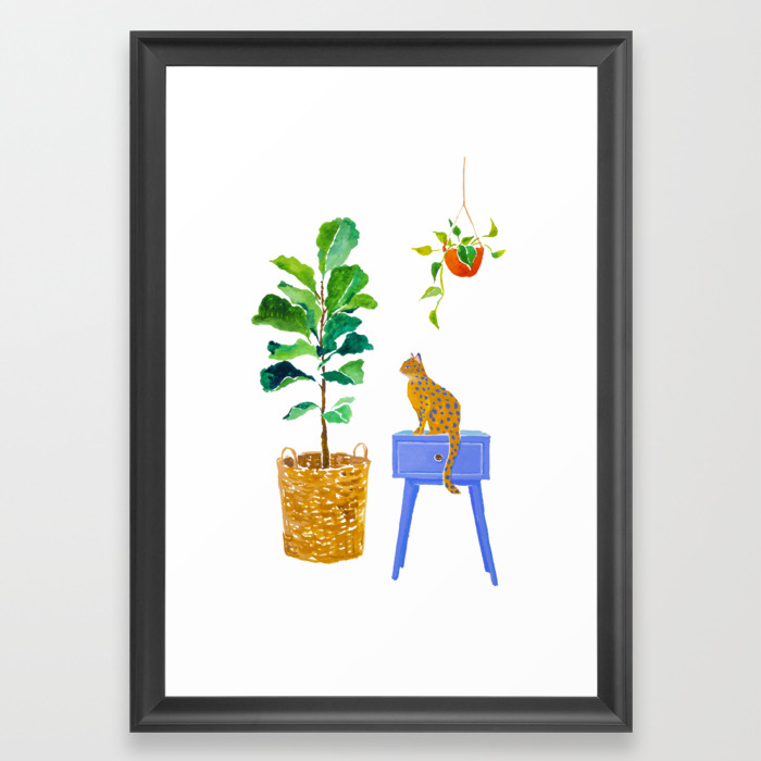 Fiddle Leaf Fig And Cat Framed Art Print By Sunlee Art Society6