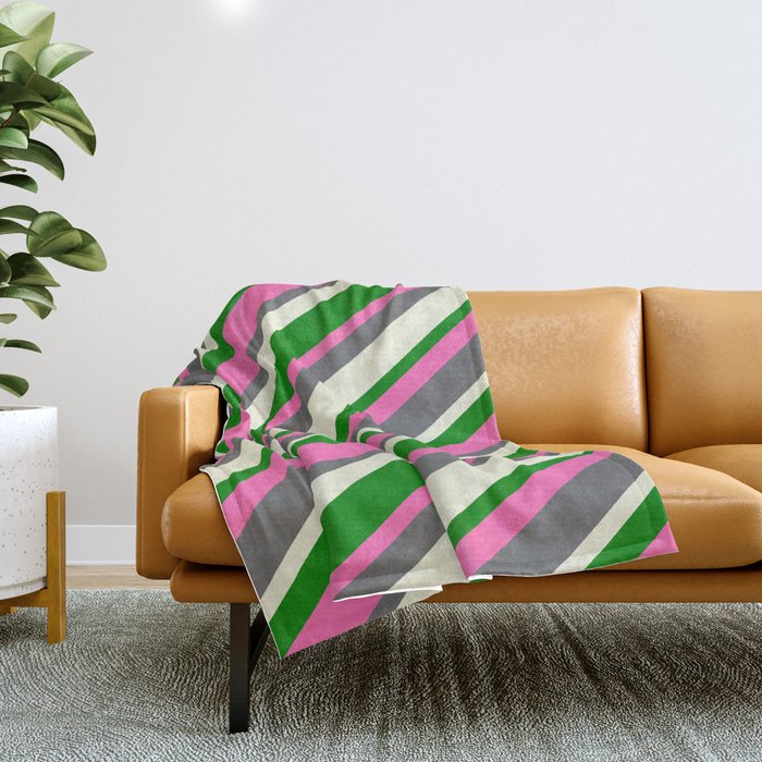 Hot Pink, Dim Gray, Beige, and Green Colored Stripes Pattern Throw Blanket