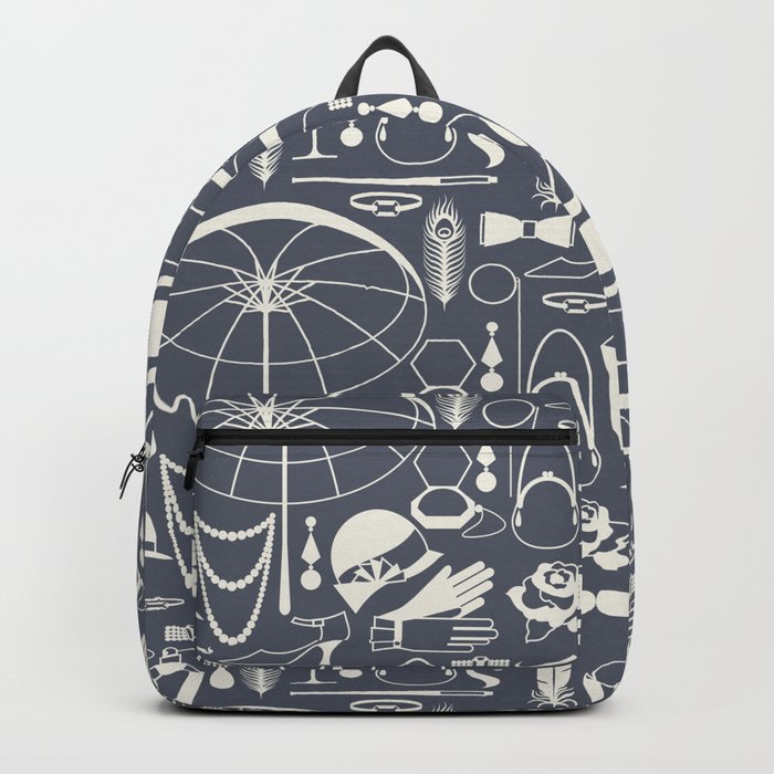 White Old-Fashioned 1920s Vintage Pattern on Dark Gray Backpack