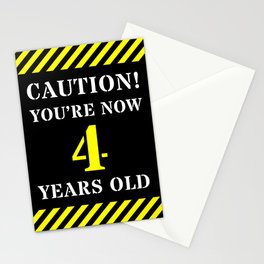 [ Thumbnail: 4th Birthday - Warning Stripes and Stencil Style Text Stationery Cards ]