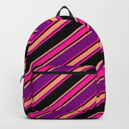 [ Thumbnail: Purple, Deep Pink, Black & Light Salmon Colored Striped Pattern Backpack ]