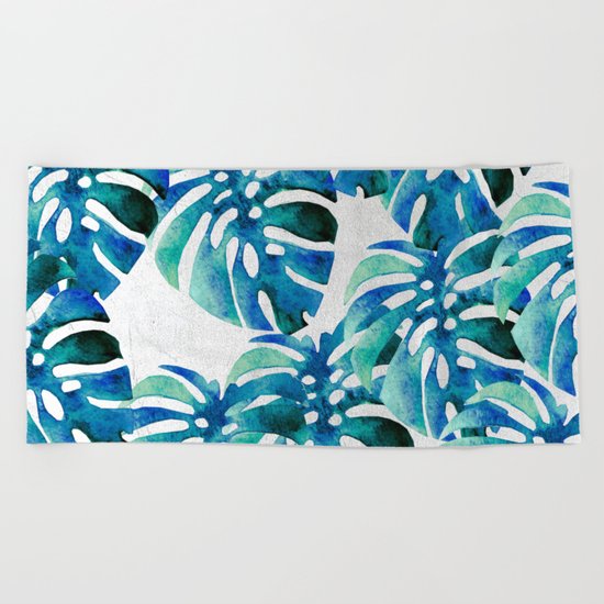 Monstera Pattern Green And Blue Beach Towel