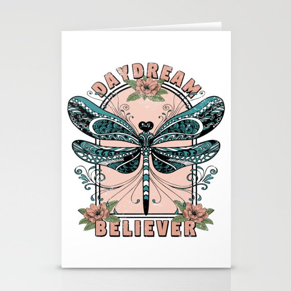 Daydream, Cute Dragonfly, Pretty Floral Design Stationery Cards