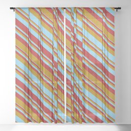[ Thumbnail: Dark Goldenrod, Sky Blue & Red Colored Stripes Pattern Sheer Curtain ]