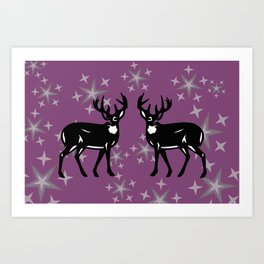 Two Reindeer with silver Stars - violet Christmas Design Art Print
