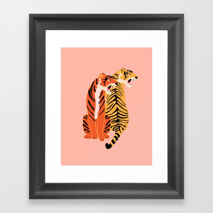 Two tigers, pink background Framed Art Print
