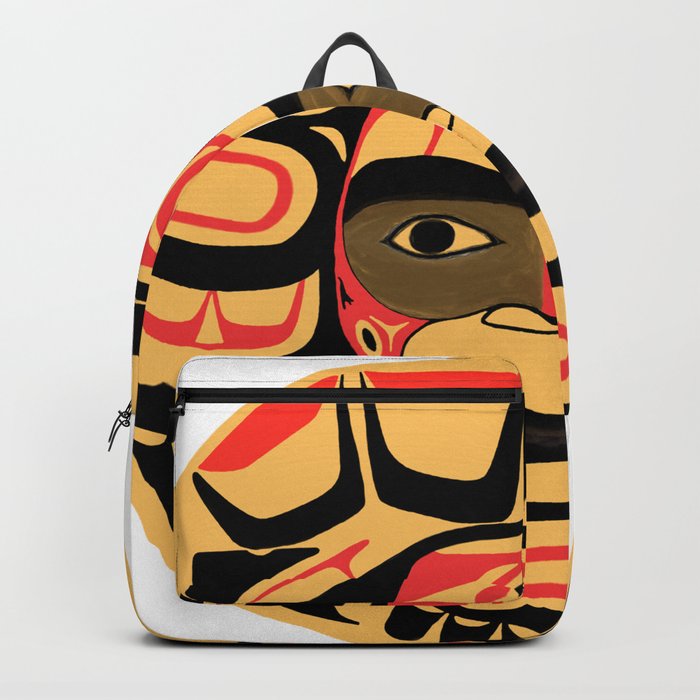 Flat style icon with tribal mask symbol. Native American Indian drawing. Indigenous  symbol. Backpack