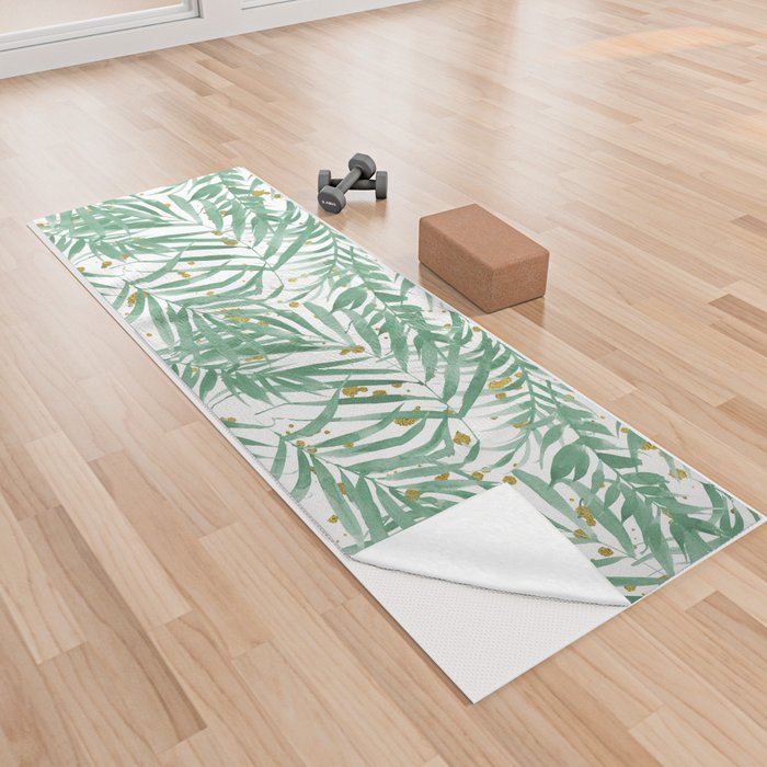 Tropical watercolor green white gold glitter palm tree Yoga Towel
