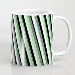 [ Thumbnail: Dim Gray, Light Green, Mint Cream & Black Colored Stripes Pattern Coffee Mug ]