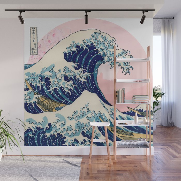 The Great Wave off Kanagawa by Hokusai in pink Wall Mural